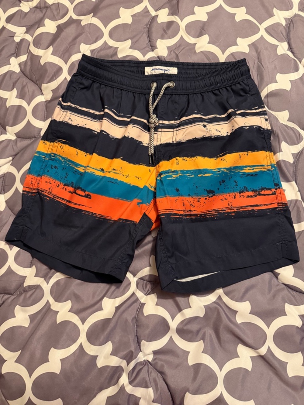 Men's Navy Swim Trunks with Orange, Teal & Yellow Stripes
